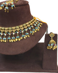 Sky / Light Blue - Medium Size Antique Gold Finish Necklace Set with Earrings - HB1000  KY 0424