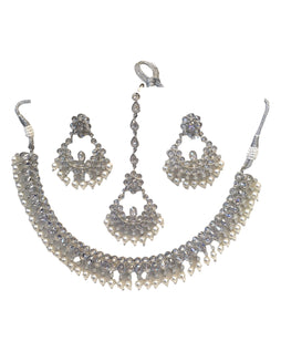 Clear - Silver Finish Necklace & Earrings Set - Bollywood - Weddings - KAJ1040 11KK24