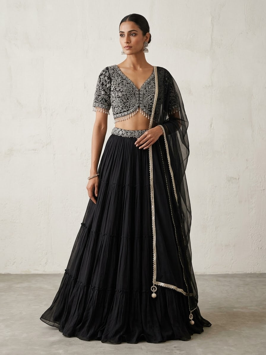SALE ! Size UK 12 (38") Black - Lehenga Set - Mehndi / Sangeet / Bridesmaids / Weddings / Garba  - UK Stock - 24h Dispatch - KTC250126 01VK25
