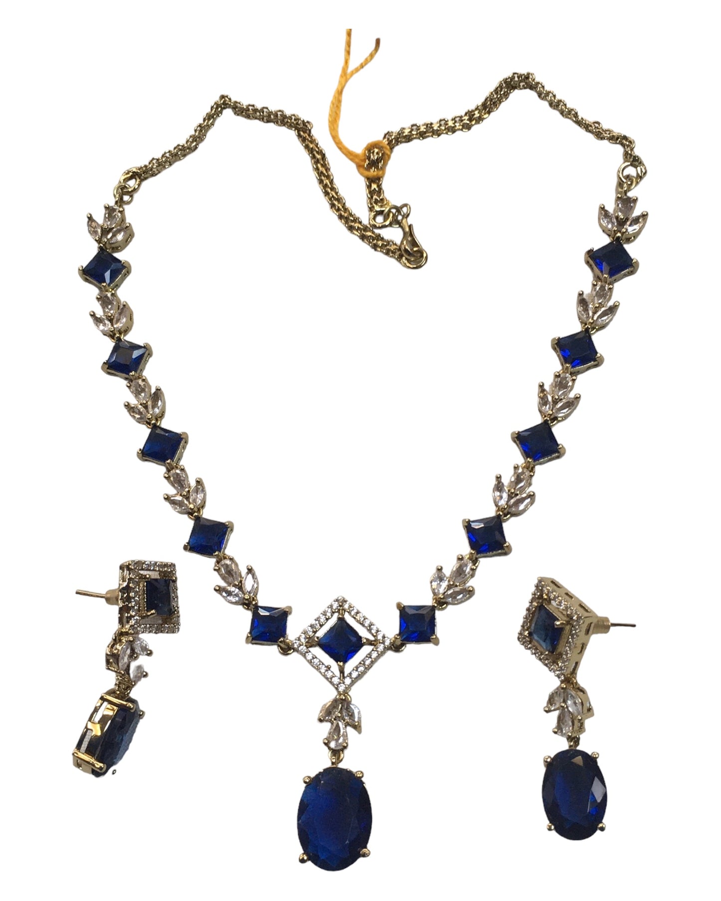 Navy Blue - Medium - Antique Gold Finish Necklace Set with Earrings - AE2407 A 0724