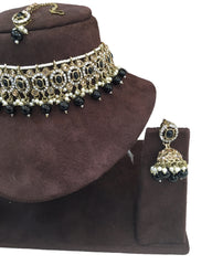 Black - Medium Size Antique Gold Finish Choker Necklace Set with Earrings - RAK149  C 0424