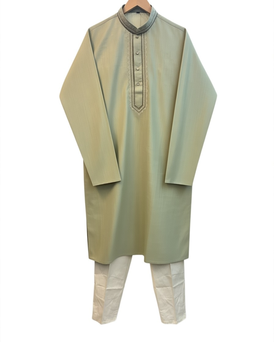 Light Green / Pista - Soft Cotton Mens Kurta Set with Neck Thread Embroidery- Sangeet Mehendi Haldi - KCS1038 03KT26