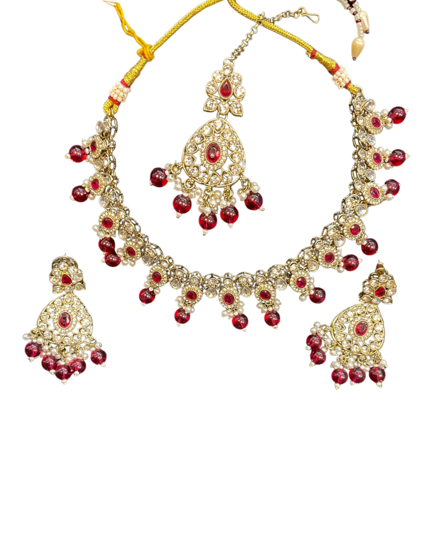 Fuchsia Pink - Large Size Antique Gold Finish Necklace Set with Earrings & Tika (Head Piece) - UK Stock - JIG86 08C25