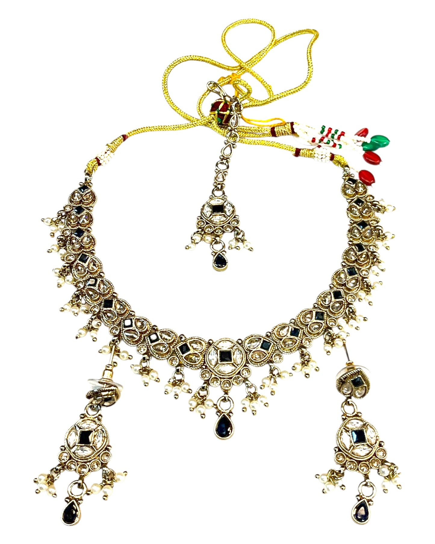 Navy Blue - Medium Size Antique Gold Finish Necklace Set with Earrings & Tika Head piece - SAJ04  08C25