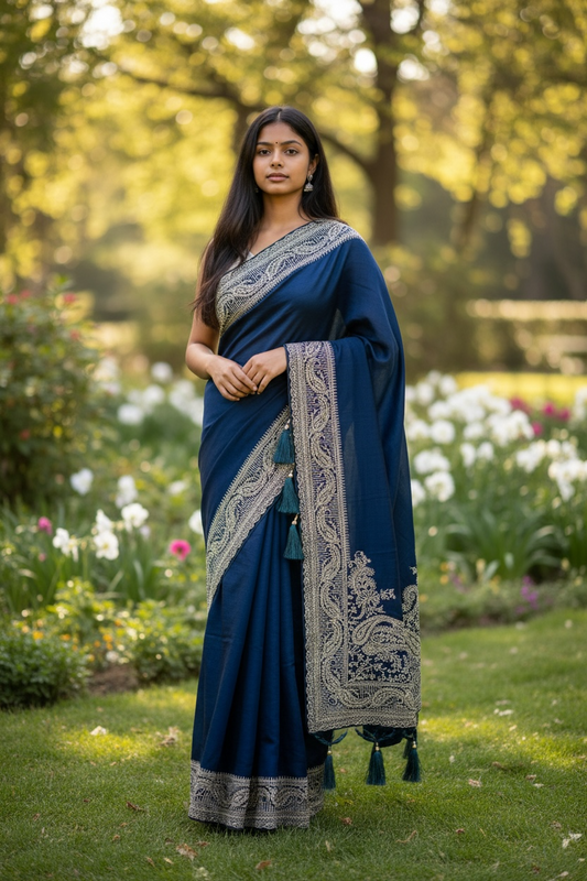 Petrol Blue - Classic Saree with Thread / Stone Work and Blouse Piece - UK stock - 24hr Dispatch - RS2506 VP