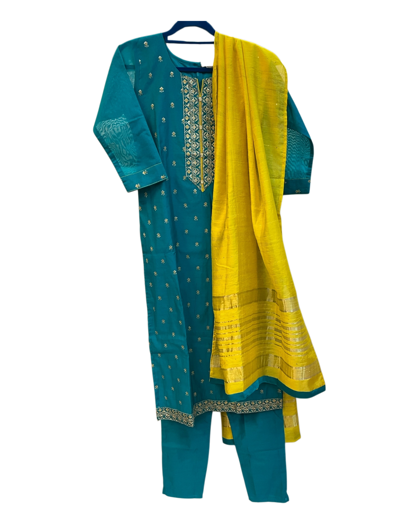 UK10 / 36" - Turquoise Blue with Yellow Dupatta - Cotton Silk Ladies Trousers Suit - Sangeet / Henna / Temple - KCS250176 KC