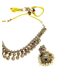 Magenta Pink - Medium Size Antique Gold Finish Necklace Set with Earrings - SJ06 08H25