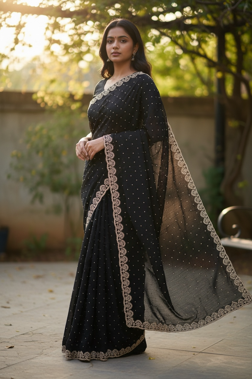 Dark Grey - Rich Saree with Stone Work Border and Blouse Piece - UK stock - 24hr Dispatch - RS2509 VA