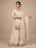UK 18 / 44" - Cream / Light Gold - Crepe Ladies Sharara / Palazzo Trousers Suit - Sangeet / Henna / Temple - OC83009 JV