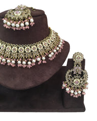 Pink - Large Size Antique Gold Finish Necklace Set with Earrings - RAK501  KC 0424