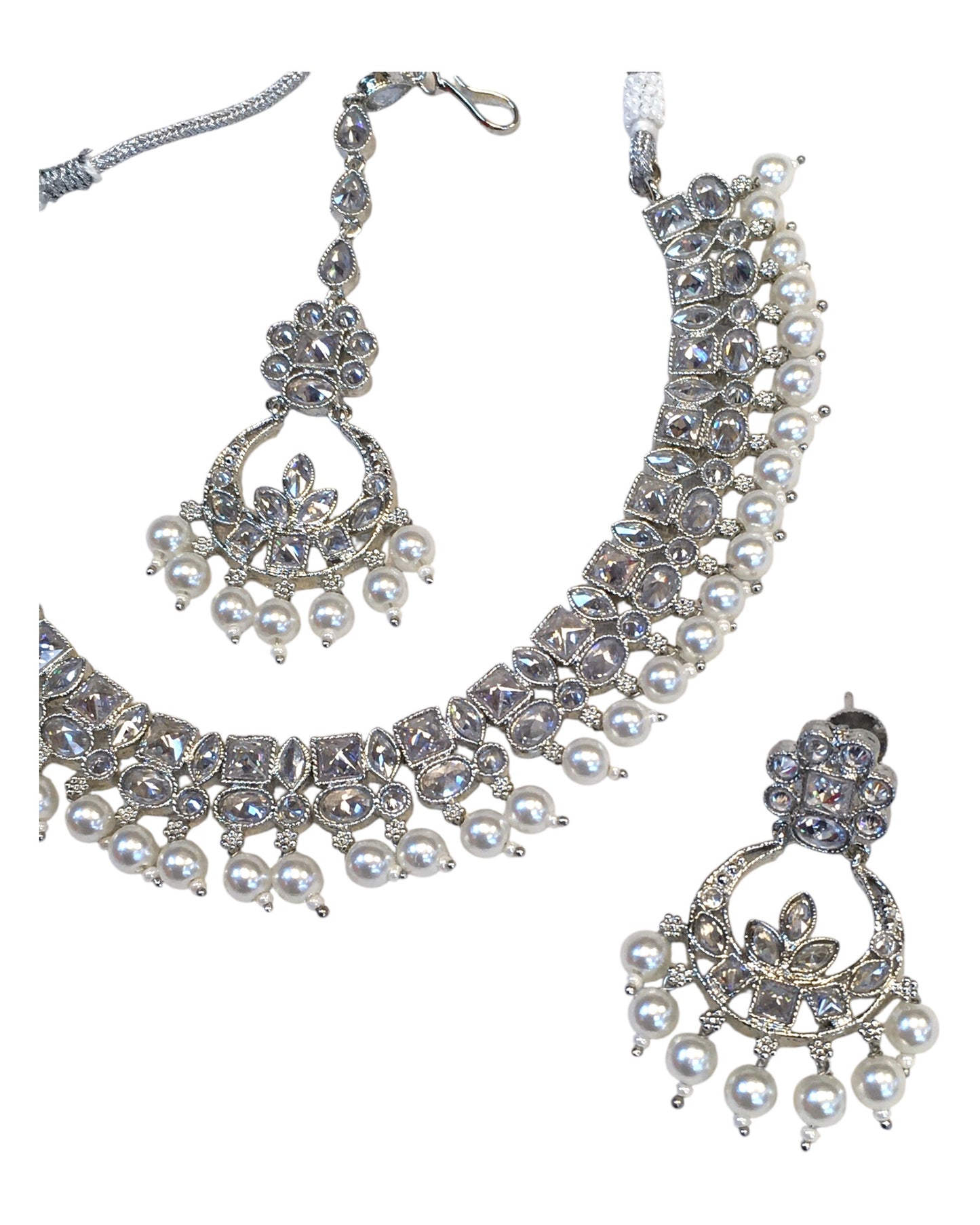 Clear - Silver Finish Necklace & Earrings Set - Bollywood - Weddings - KAJ1039 11KK24