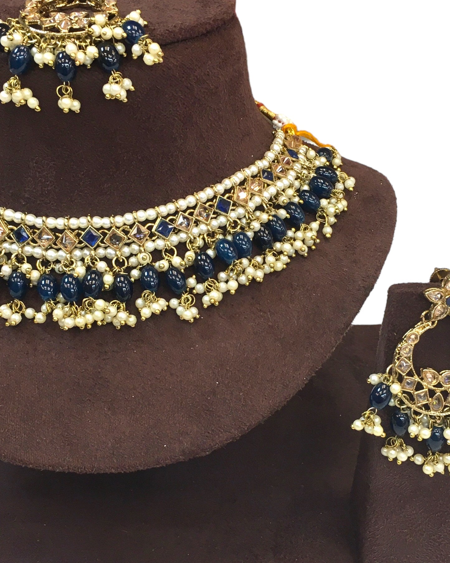 Navy Blue - Large Size Antique Gold Finish Necklace Set with Earrings - JE19  C 0424