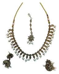 Pearl - Medium Size Antique Gold Finish Necklace Set with Earrings & Head Piece - KAJ1054 08A25