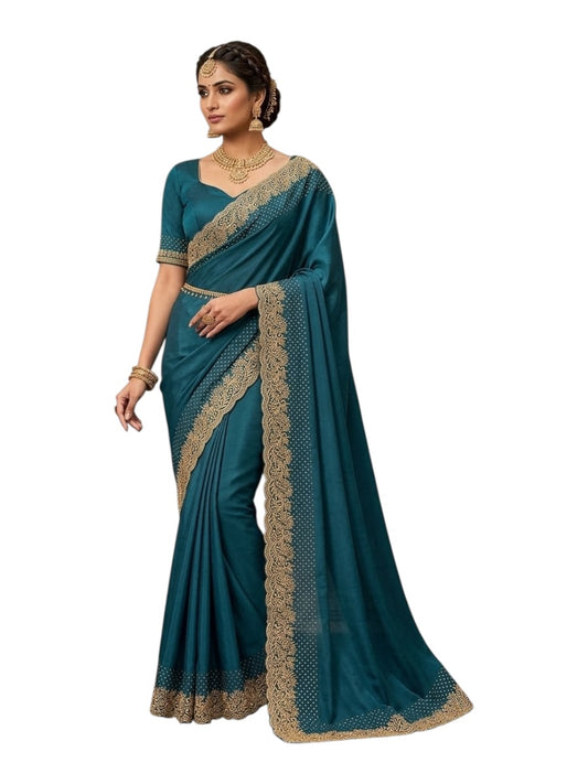 Petrol Blue - Saree with Thread / Stone Work and Blouse Piece - UK stock - 24hr Dispatch - SP2612 KR