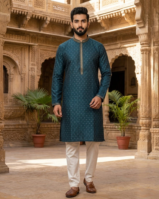 Teal - Banarasi Handloom Brocade Mens Indian Kurta set with Trousers - UK Stock - Weddings / Walimas , Sangeet, Diwali, Eid, Mehndi / Henna - VEE3112 VY