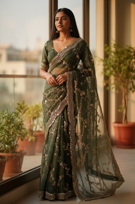 Sage Green - Rich Bridal Saree with Allover Embroidery and Blouse Piece - UK stock - 24hr Dispatch - RS2518 AJ