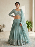 Size UK 14 (40" Bust) Long Sleeves - Pastel Turquoise - Silky Lehenga Set - Mehndi / Sangeet / Bridesmaids / Weddings / Garba  - UK Stock - 24h Dispatch - KM- VAN416 07JJ26