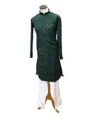 Bottle Green - Linen Mirrorwork Mens Kurta Set - Sangeet Mehendi Haldi - NY2301 KT 1123