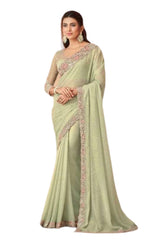 Mint Green - Crepe Silky Saree with Fancy Ready made Blouse - ANM12009 VA 1123