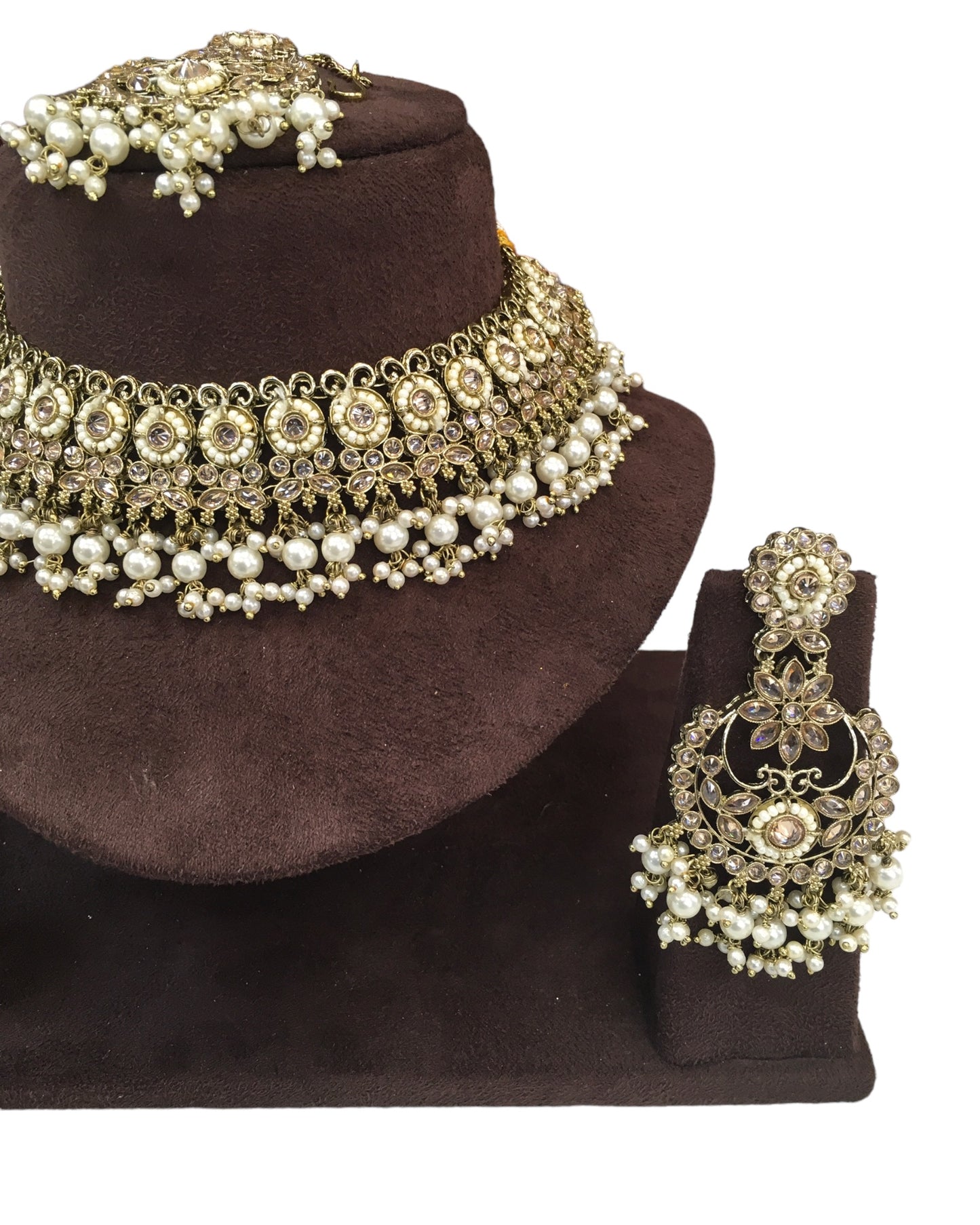 Gold / Neutral - Large Size Antique Gold Finish Necklace Set with Earrings - RAK501  KC 0424