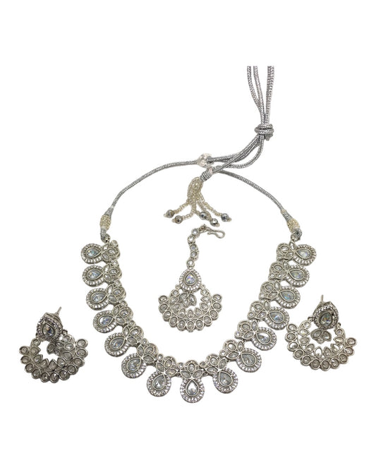 Clear Stones - Large Silver Finish Necklace set - Bollywood - Weddings - AVON7741 KR 0923