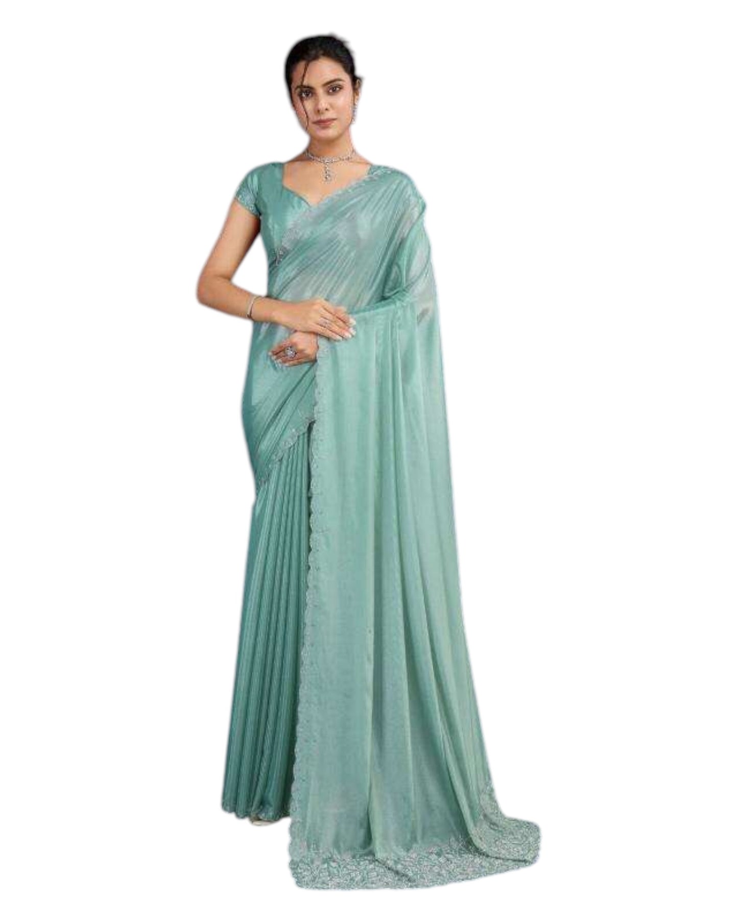Sea Green - Crepe Chiffon  - Diamante Border Saree with Blouse Piece - DAZ56003 VY 0425
