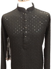 Black - Lucknowi Sequins Mens Indian Kurta set Sangeet, Temple, Eid, Mehndi or Funeral ( with Draw stringed trousers) - YD2402 KT 0324
