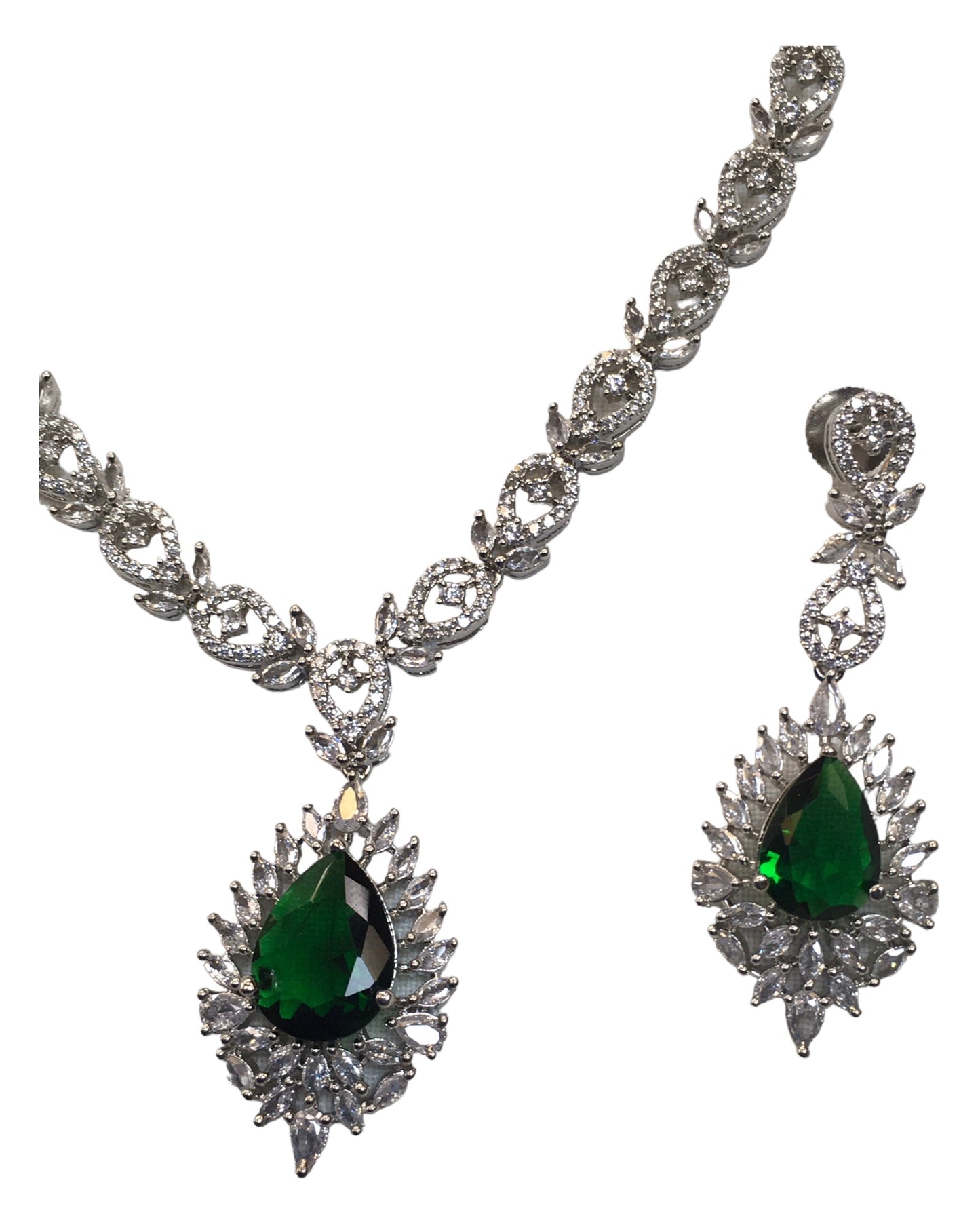Green - Medium - Silver Finish Necklace Set with Earrings - AE2406 A 0724