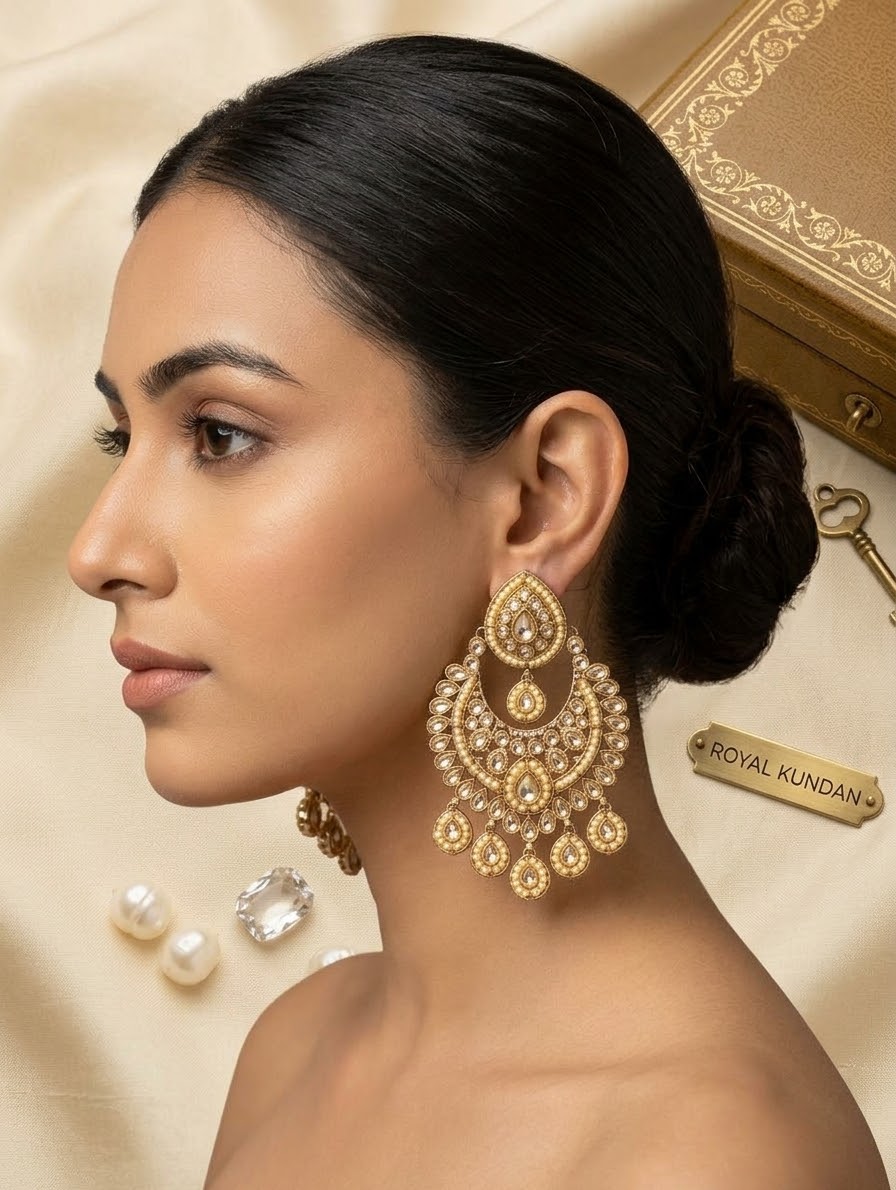 Gold / Neutral - Royal Teardrop Kundan & Pearl Chandbali Earrings - 6ER240 10Rp26
