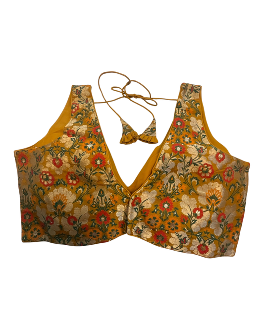 36" / UK 10 - Mustard Yellow - Rich Banarasi Designer Saree blouse with cups,  Sleeveless - UK Stock - Quick Delivery - RNK - R1007-KK