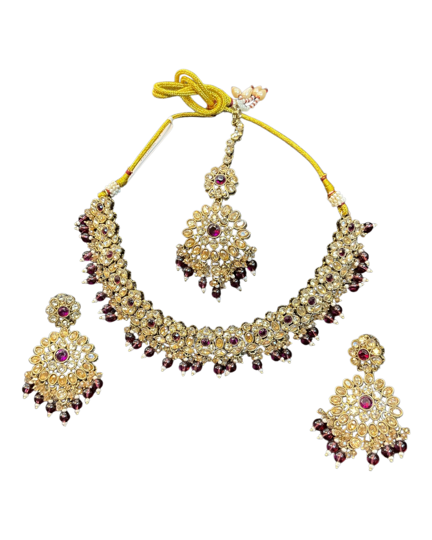 Purple / Plum - Large Size Antique Gold Finish Necklace Set with Earrings & Head Piece - JIG111 04Cp26