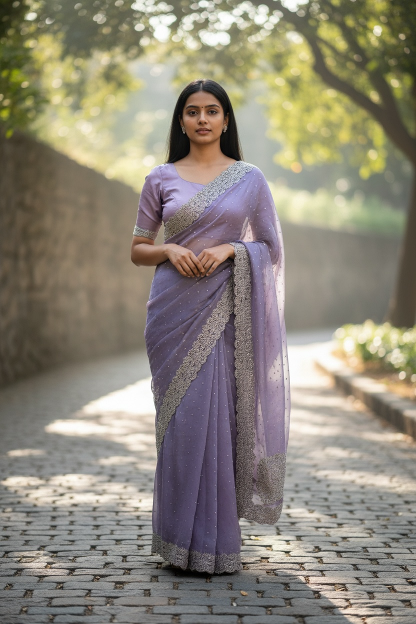 Lilac - Rich Saree with Thread / Stone Embroidery and Blouse Piece - UK stock - 24hr Dispatch - RS2525 VJ