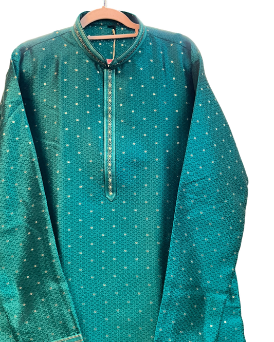 Jade Green - Men’s Embroidered Jacquard Kurta Set with Trousers - UK Stock - Weddings / Walimas , Sangeet, Diwali, Eid, Mehndi / Henna - VEE3134 VK