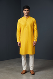 Haldi Yellow - Lucknawi Chikankari Chiffon Self Embroidered Mens Indian Kurta set - Weddings / Walimas , Sangeet, Mehndi / Henna , Eid / Diwali - SHU2607 05KP26