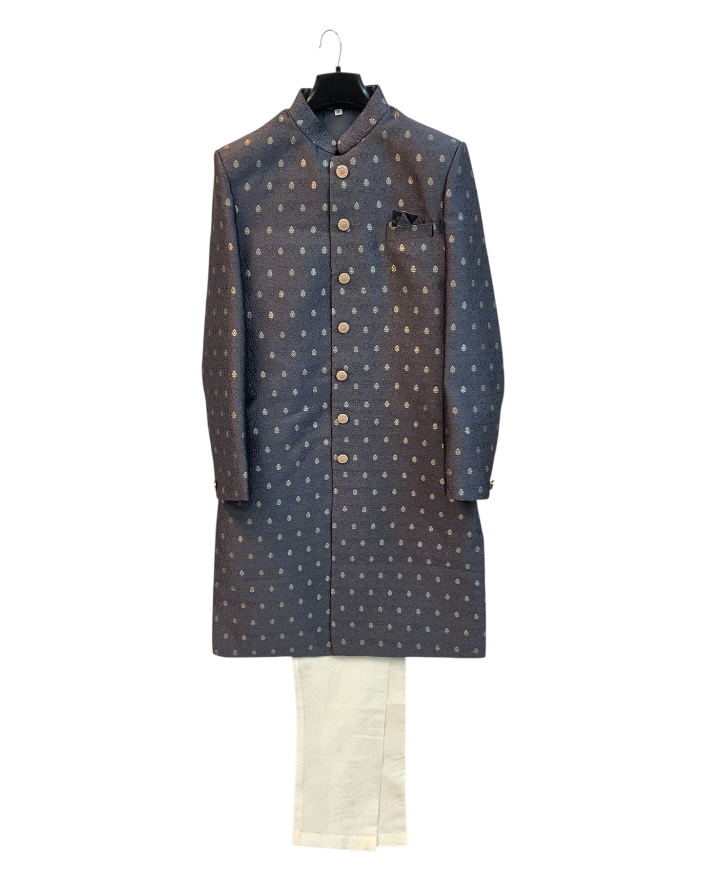 Grey - Classic Banarasi Handloom Brocade Sherwani with Gold Buttons - UK Stock - BS787 08JC25