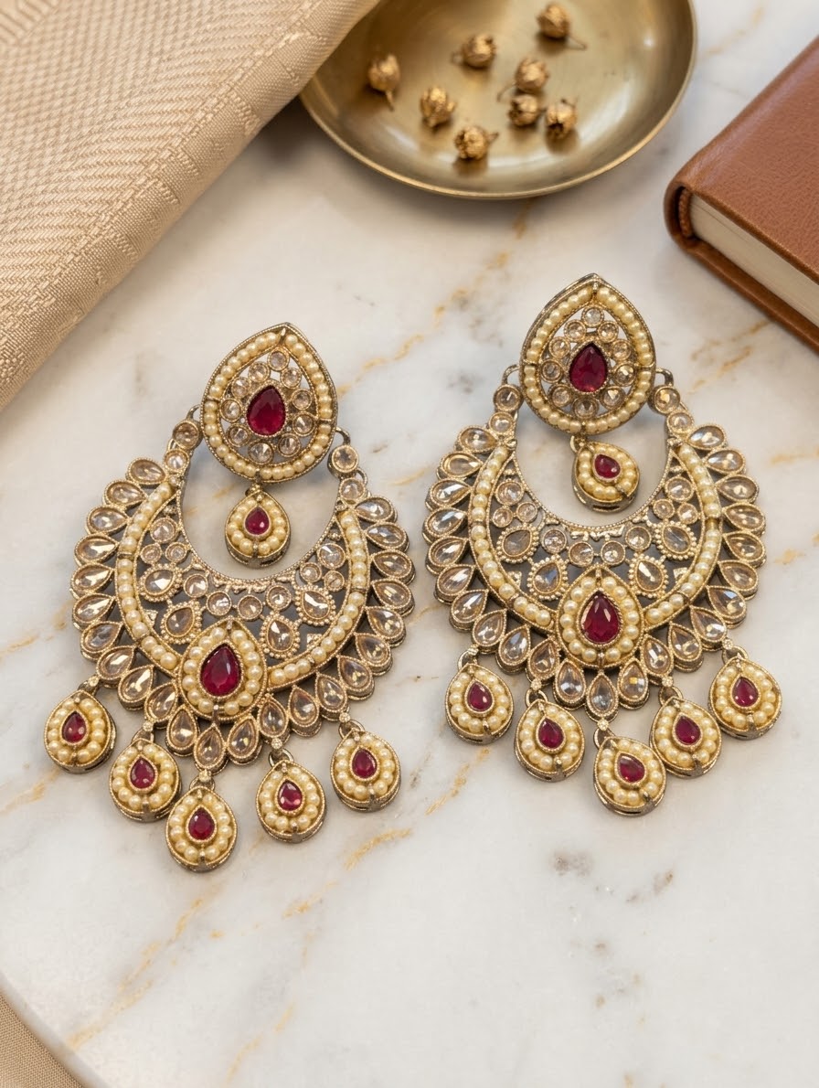 Dark Pink / Magenta - Royal Teardrop Kundan & Pearl Chandbali Earrings - 6ER240 10Rp26