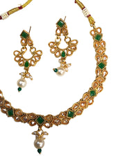 Green - Small Size Antique Gold Finish Necklace Set with Earrings - TOH2401  R 0424