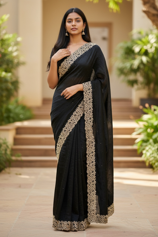 Black - Soft Crepe - Stone Work Saree with Blouse Piece - UK stock - 24hr Dispatch - RS2540 TV