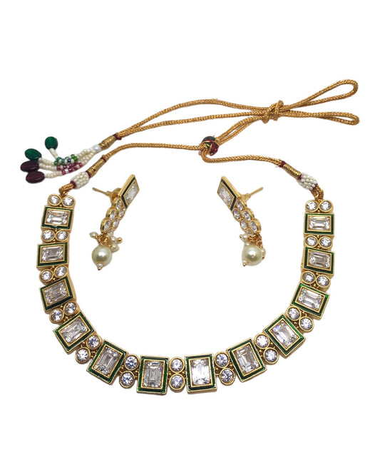 Clear - Medium Reverse Stone Necklace set - Gold Finish - Weddings - SV921 C 0923