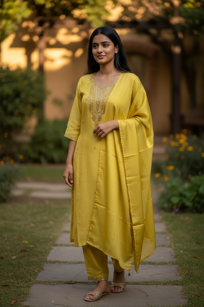 UK14 / 40" - Lemon Yellow - Silky Ladies Trousers Suit - Sangeet / Henna / Temple - KCS250190 TY