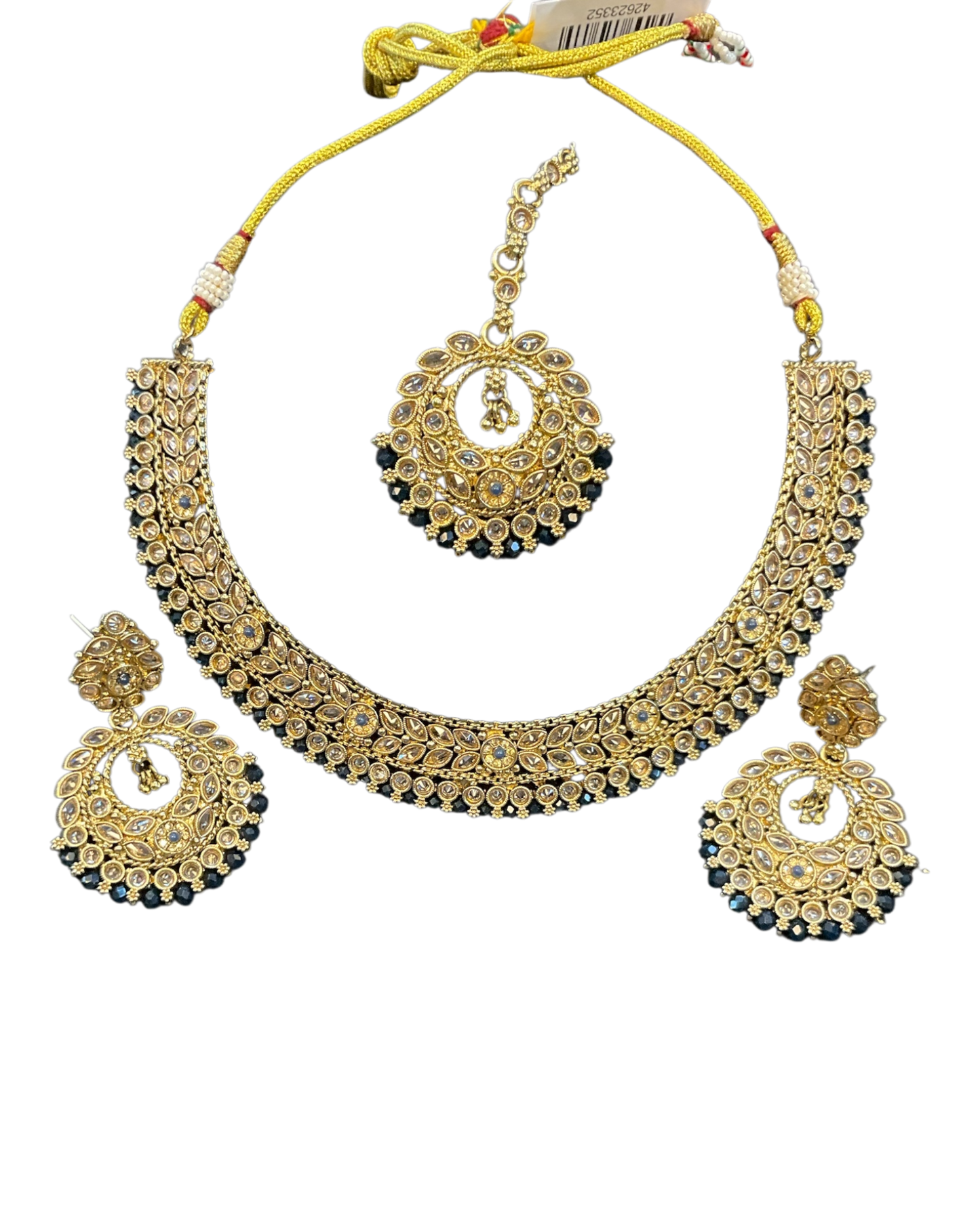 Black - Medium Size Antique Gold Finish Necklace Set with Earrings - SJ07 08KY25