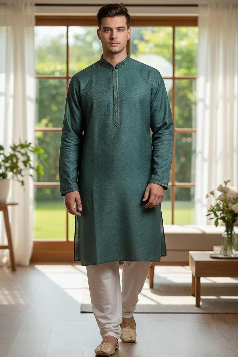 Sage Green - Banarasi Handloom Brocade Mens Indian Kurta set - UK Stock - Weddings / Walimas , Sangeet, Diwali, Eid, Mehndi / Henna - VEE2533 KC