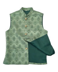 Light Green - Benarasi Handloom Brocade Mens Waistcoat - KCS2302 KK 0923