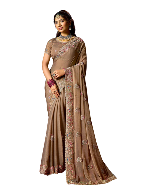 Champagne / Beige - Fancy Party Saree with Blouse Piece - UK stock - 24hr Dispatch - LTF905 07VV26