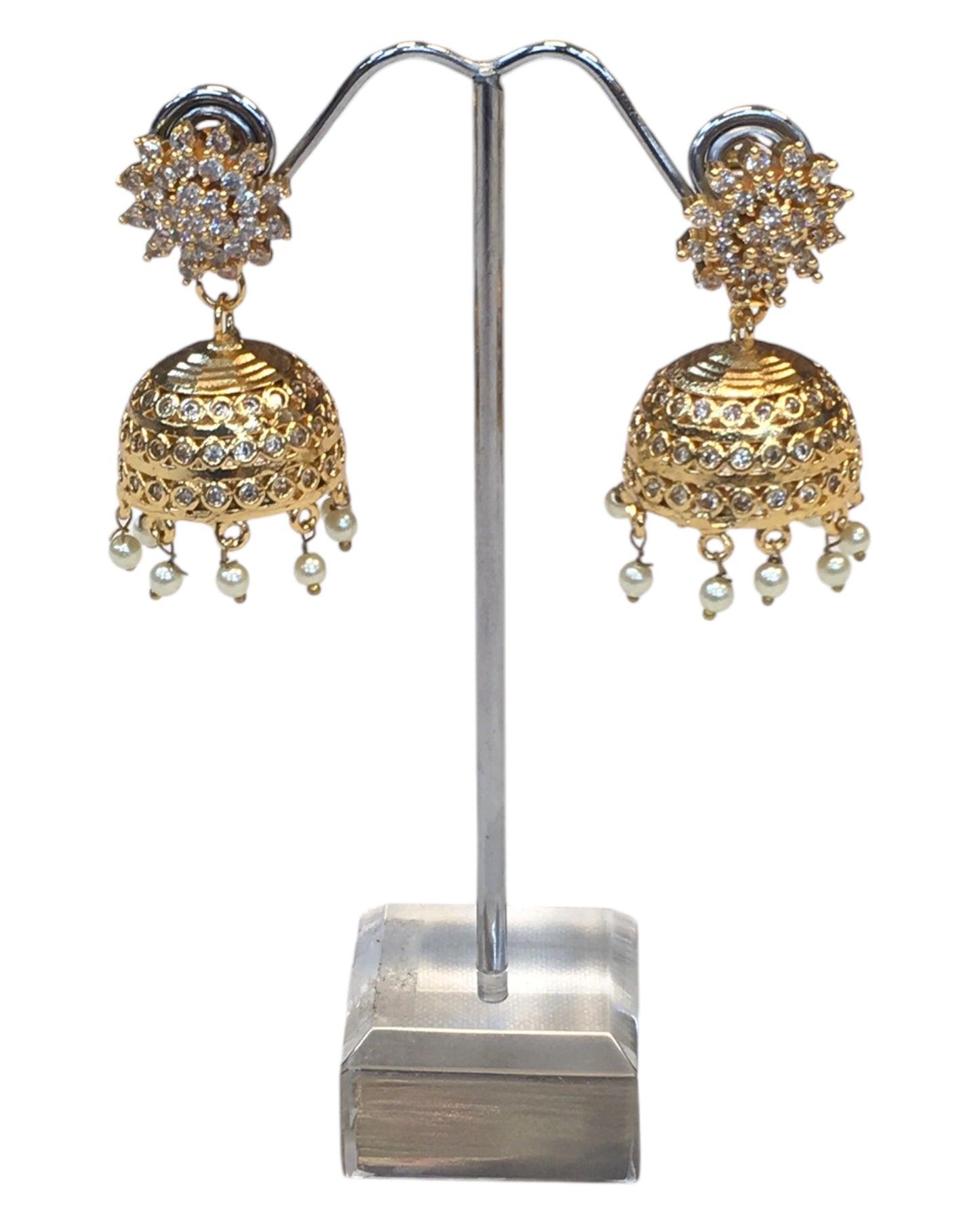 Gold & Pearl - Long necklace, Short Necklace, Earrings & Tika Headpiece Gold Finish Necklace Set with Earrings - SB2401 11KR24