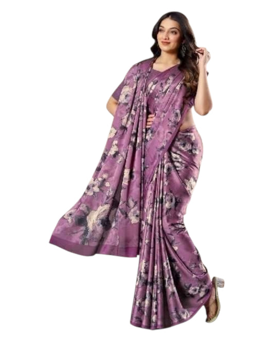 Dark Pink - Floral Printed - Satin Finish Saree with Blouse Piece - SUSFEL19001A 10KJ25
