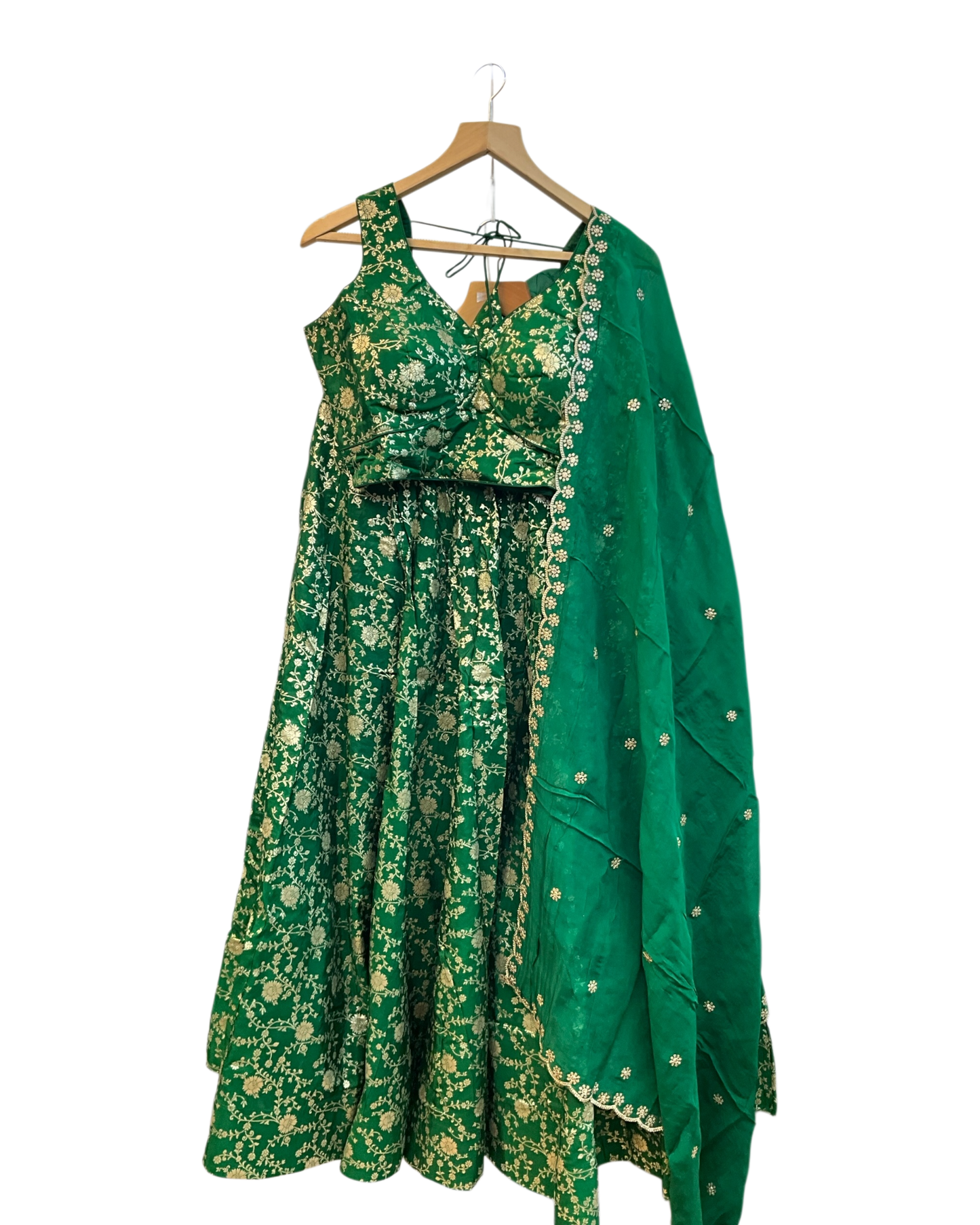 Forest Green - Banarasi Brocade Silky Lehenga Set - Mehndi / Sangeet / Bridesmaids / Weddings / Garba  - Size UK 12 (38" Bust) Adjustable to Size 14 - UK Stock - 24h Dispatch - AF2601 02VP26