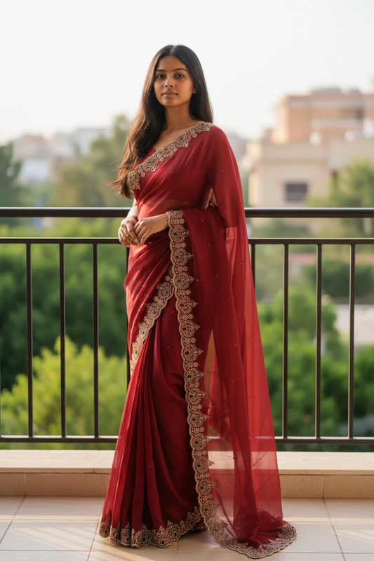 Coral Pink - Rich Saree with Stone Work and Blouse Piece - UK stock - 24hr Dispatch - RS2502 TH
