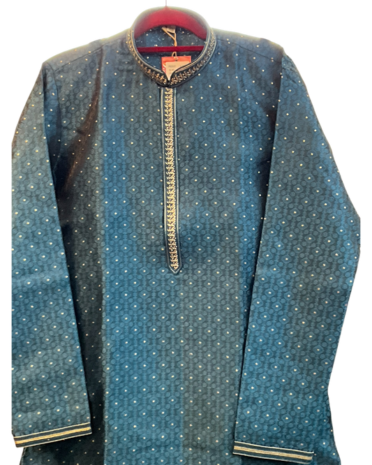 Teal - Banarasi Handloom Brocade Mens Indian Kurta set with Trousers - UK Stock - Weddings / Walimas , Sangeet, Diwali, Eid, Mehndi / Henna - VEE3112 VY