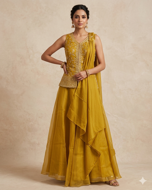 UK 10 / 36" - Yellow - Ladies Sharara / Palazzo Trousers Suit - UK Stock - Sangeet / Henna / Weddings - HEL6520 PY